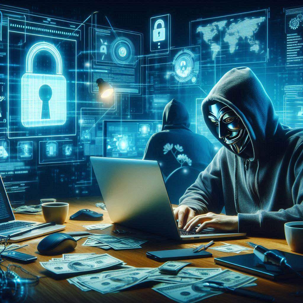 Hacker realizando ataque de Ransomware, sequestrando dados e sistemas e pedindo pagamento por resgate