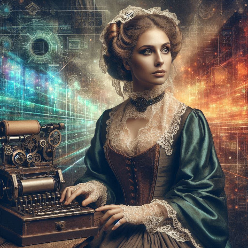 Mulher de séculos passados utilizando máquina futurista, representando o pioneirismo na área da tecnologia