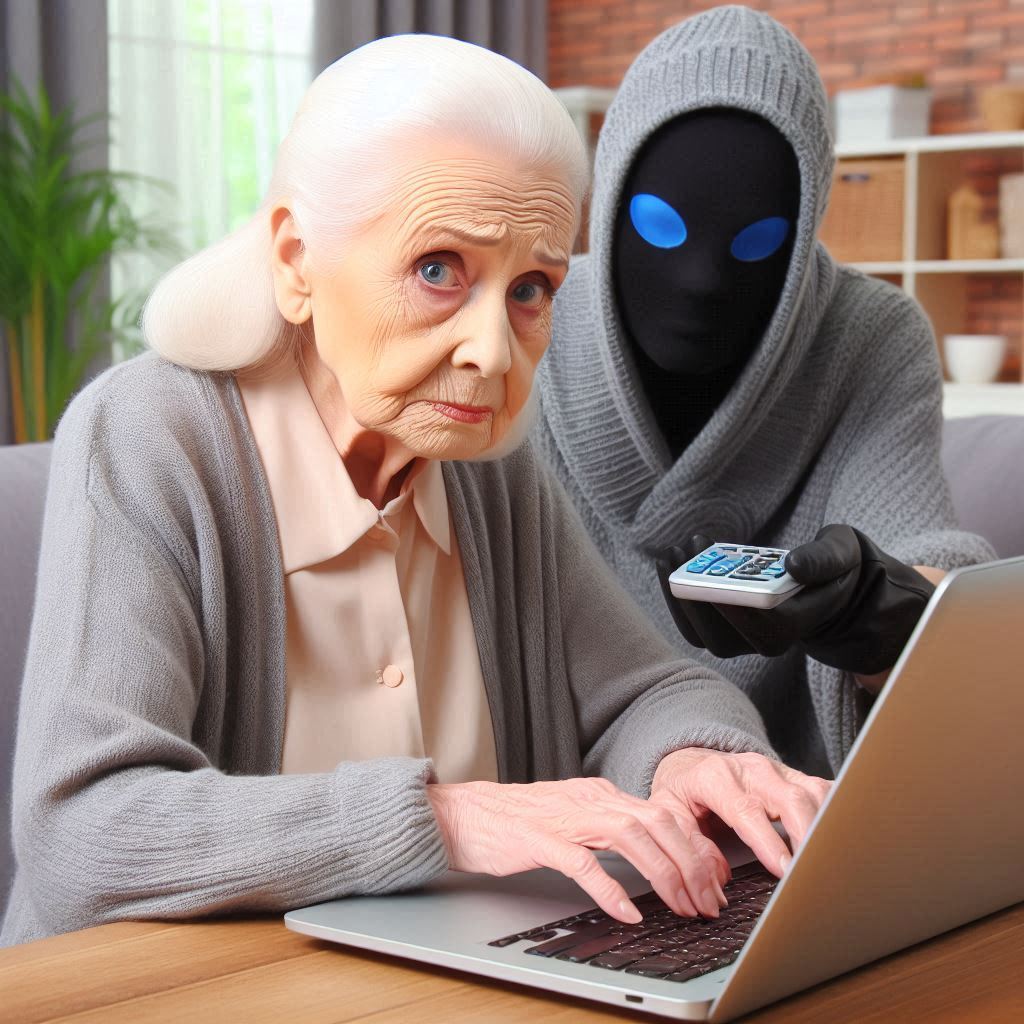 Idosa mexendo em um computador, caindo em um golpe online por hacker que se aproveita de sua vulnerabilidade