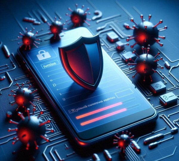 Smartphone protegido por escudo digital contra ameaças virtuais e vírus cibernéticos.