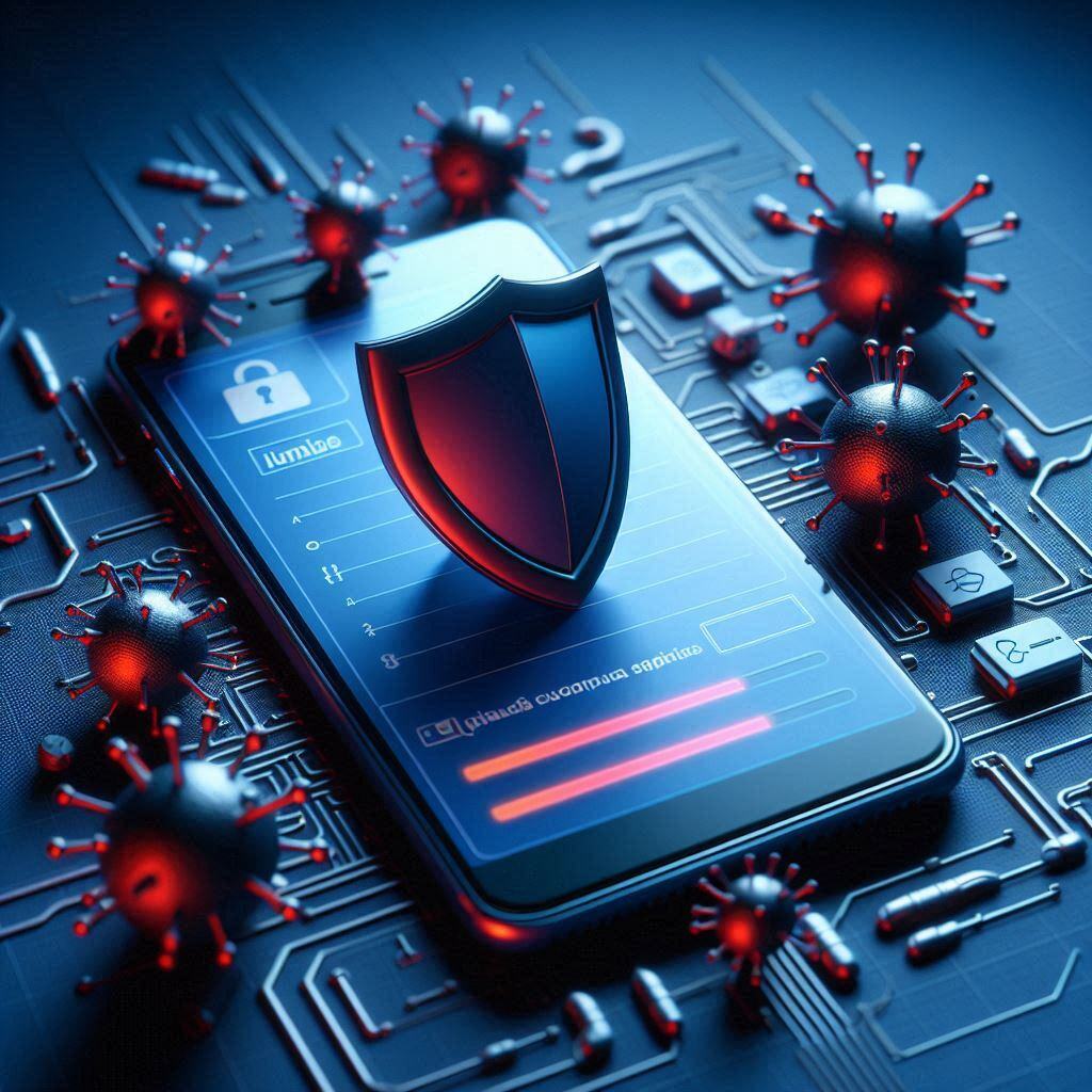 Smartphone protegido por escudo digital contra ameaças virtuais e vírus cibernéticos.