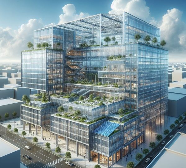Prédio corporativo, simbolizando inovação e um ambiente digitalmente seguro.