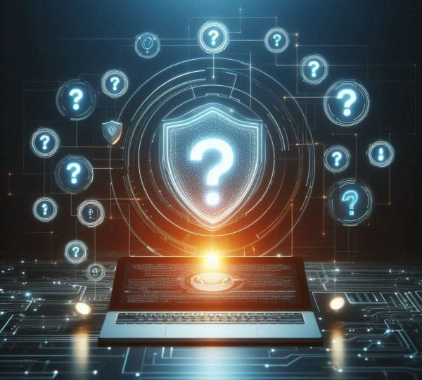 Ilustração de laptop com escudo digital e pontos de interrogação, representando dúvidas sobre segurança cibernética.