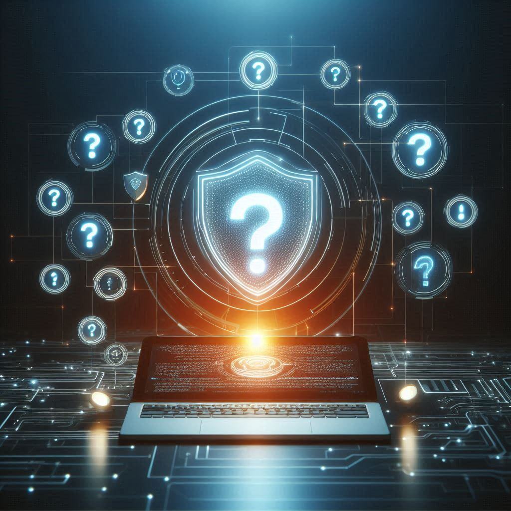 Ilustração de laptop com escudo digital e pontos de interrogação, representando dúvidas sobre segurança cibernética.