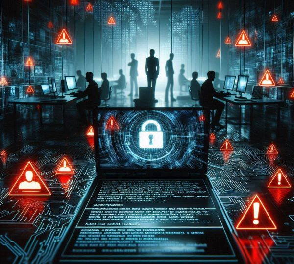 Ambiente corporativo com alertas de cibersegurança e cadeado digital em destaque representando proteção contra ciberataques.