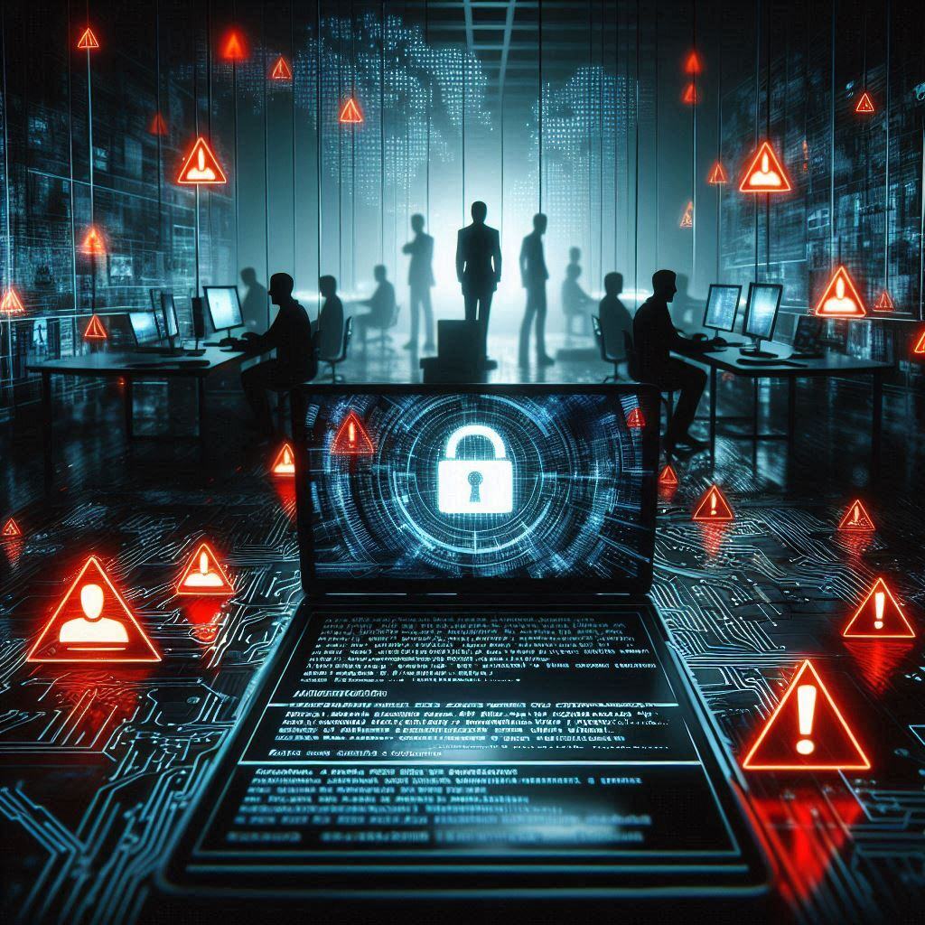 Ambiente corporativo com alertas de cibersegurança e cadeado digital em destaque representando proteção contra ciberataques.