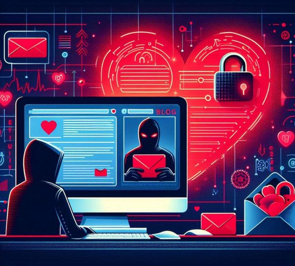 Hacker aplicando golpe emocional com e-mail falso sobre traição amorosa em ambiente digital.