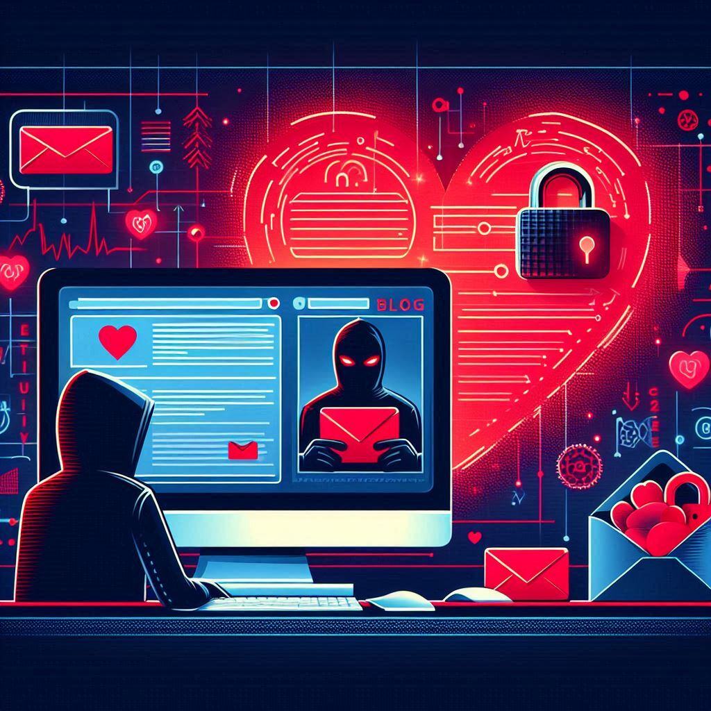 Hacker aplicando golpe emocional com e-mail falso sobre traição amorosa em ambiente digital.