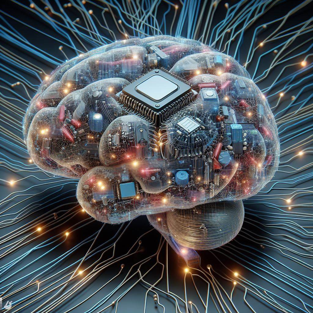 Cérebro digital formado por circuitos e chips, representando inteligência artificial e segurança cibernética.