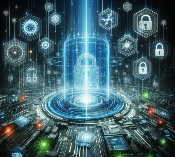 Representação digital de segurança cibernética com cadeado virtual e ícones de proteção de dados.