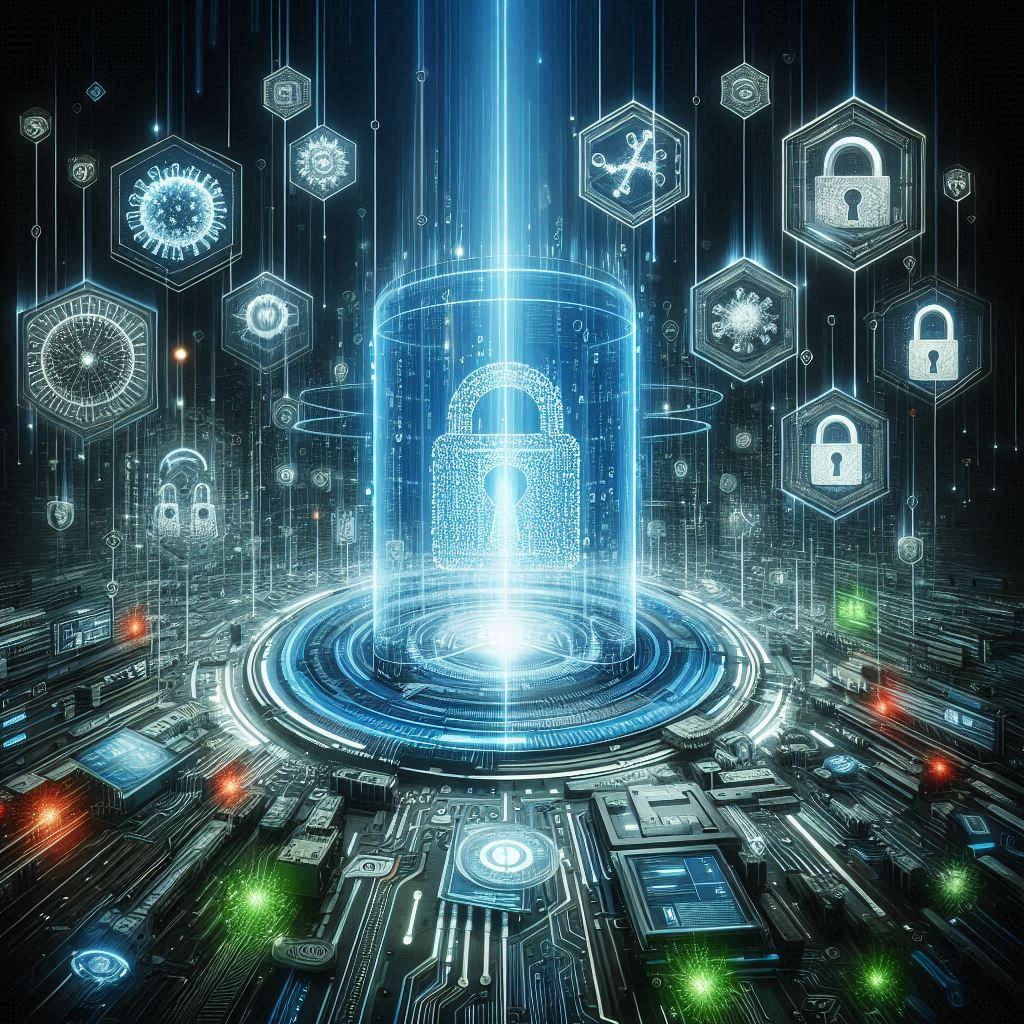 Representação digital de segurança cibernética com cadeado virtual e ícones de proteção de dados.