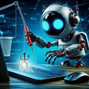 Ilustração de robô pescando dados em um teclado, representando ataque de phishing digital.