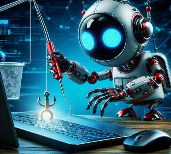 Ilustração de robô pescando dados em um teclado, representando ataque de phishing digital.