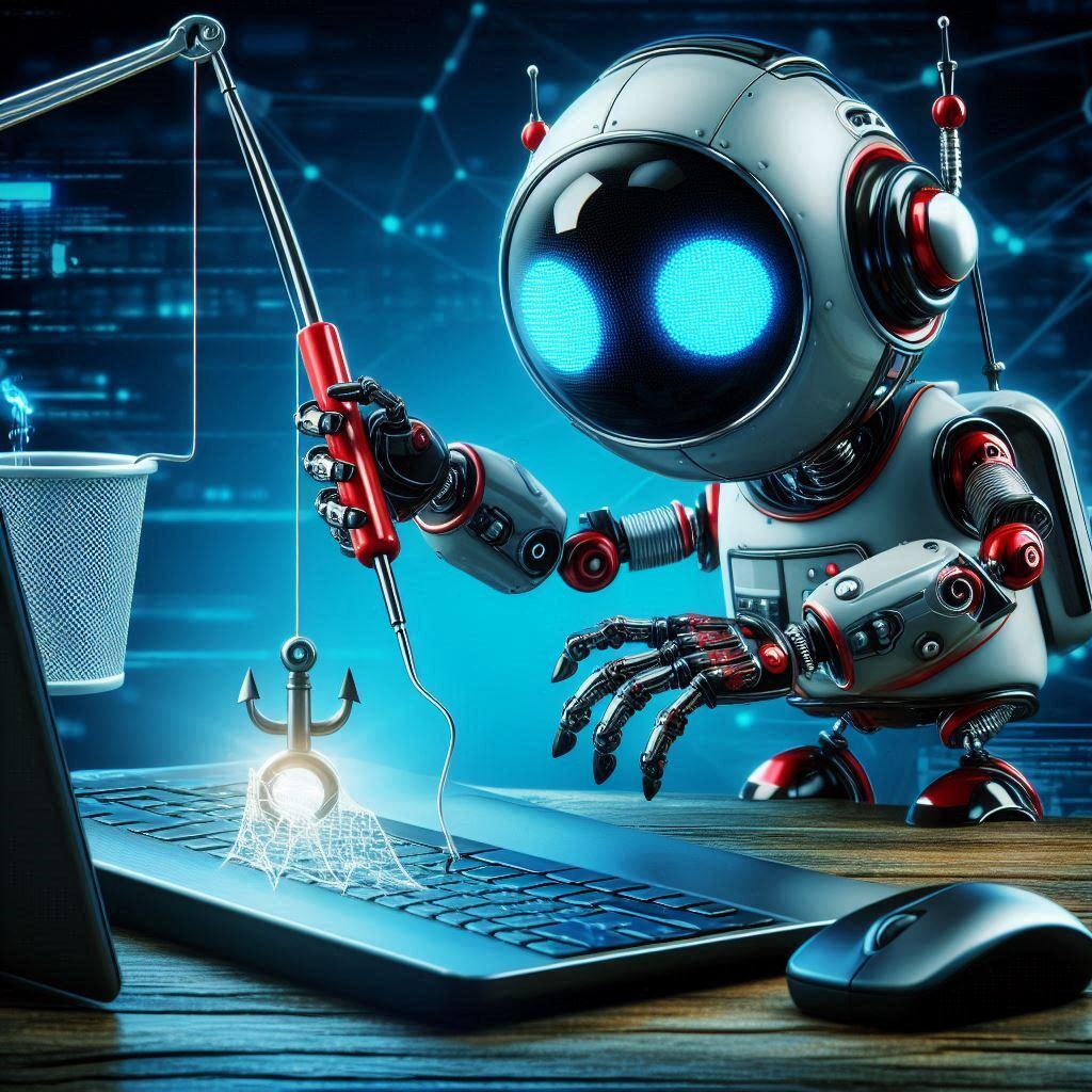 Ilustração de robô pescando dados em um teclado, representando ataque de phishing digital.