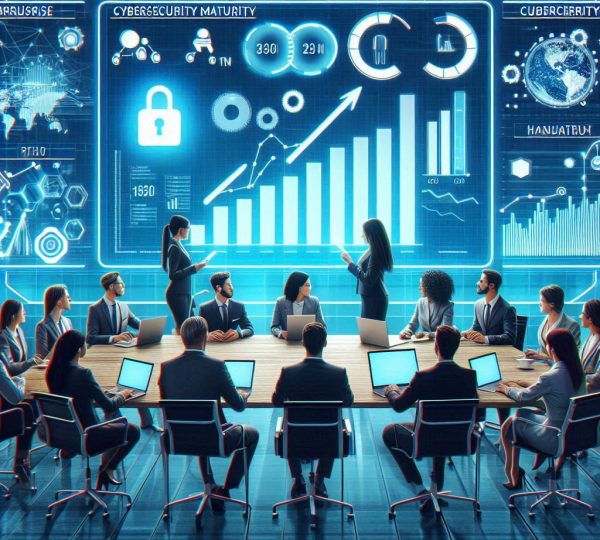Reunião corporativa sobre cibersegurança com gráficos digitais mostrando evolução da maturidade em segurança da informação.