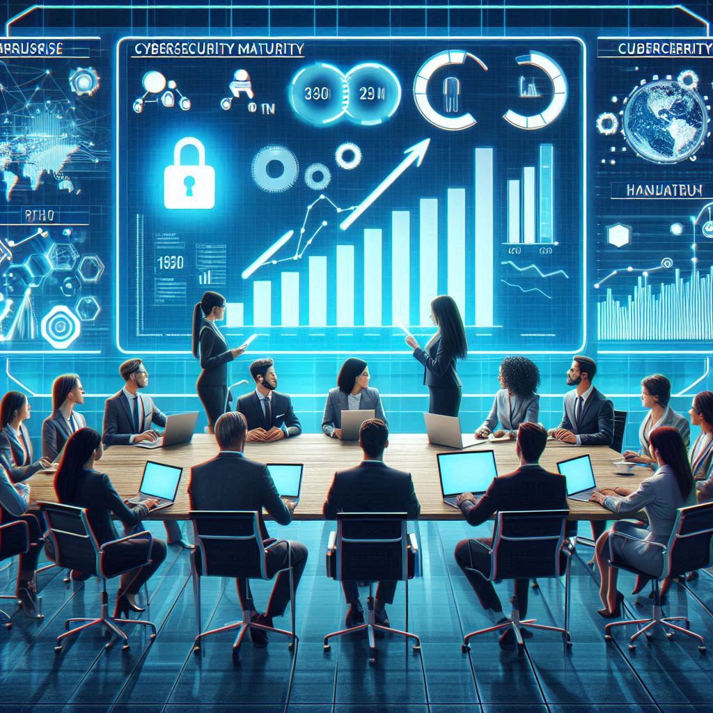 Reunião corporativa sobre cibersegurança com gráficos digitais mostrando evolução da maturidade em segurança da informação.
