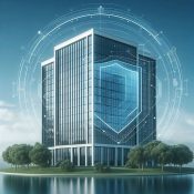 Prédio corporativo moderno protegido por elementos gráfico digitais de segurança cibernética, representando proteção de dados empresariais.
