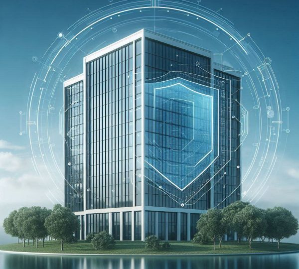 Prédio corporativo moderno protegido por elementos gráfico digitais de segurança cibernética, representando proteção de dados empresariais.