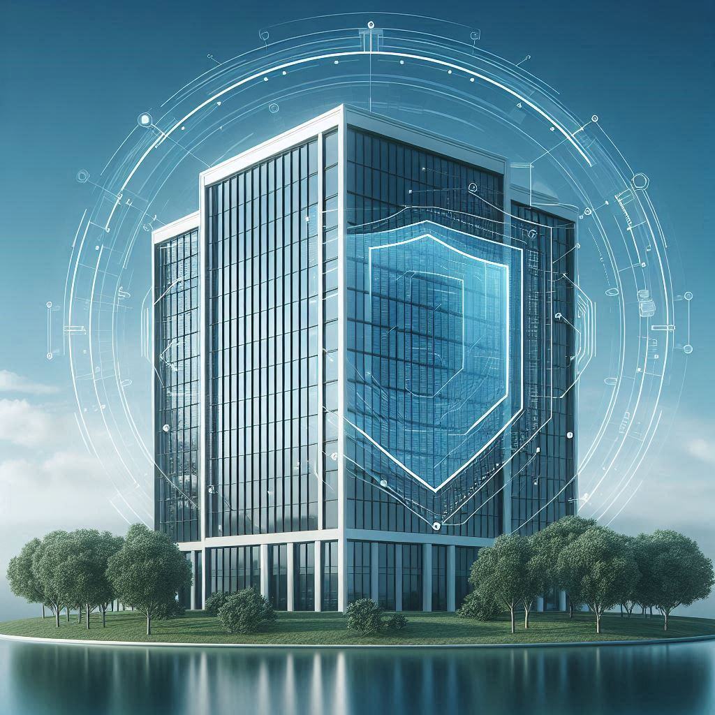 Prédio corporativo moderno protegido por elementos gráfico digitais de segurança cibernética, representando proteção de dados empresariais.