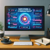 Tela de computador sob uma mesa com interface futurista exemplificando um teste de sobrevivência à ciberataques