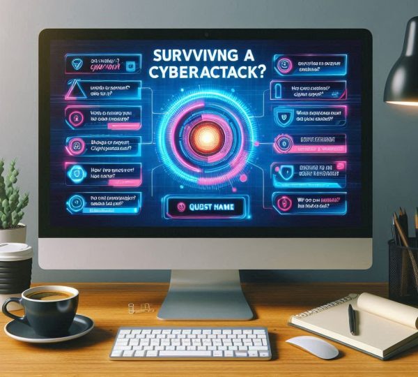 Tela de computador sob uma mesa com interface futurista exemplificando um teste de sobrevivência à ciberataques