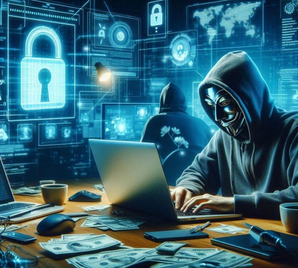 Hacker realizando ataque de Ransomware, sequestrando dados e sistemas e pedindo pagamento por resgate.