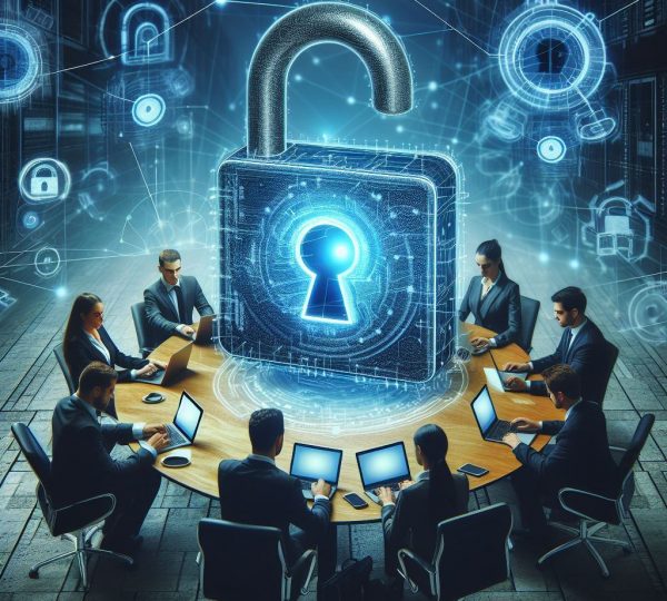 Profissionais de tecnologia reunidos em torno de uma mesa com laptops, analisando segurança digital com símbolo de cadeado aberto em destaque.