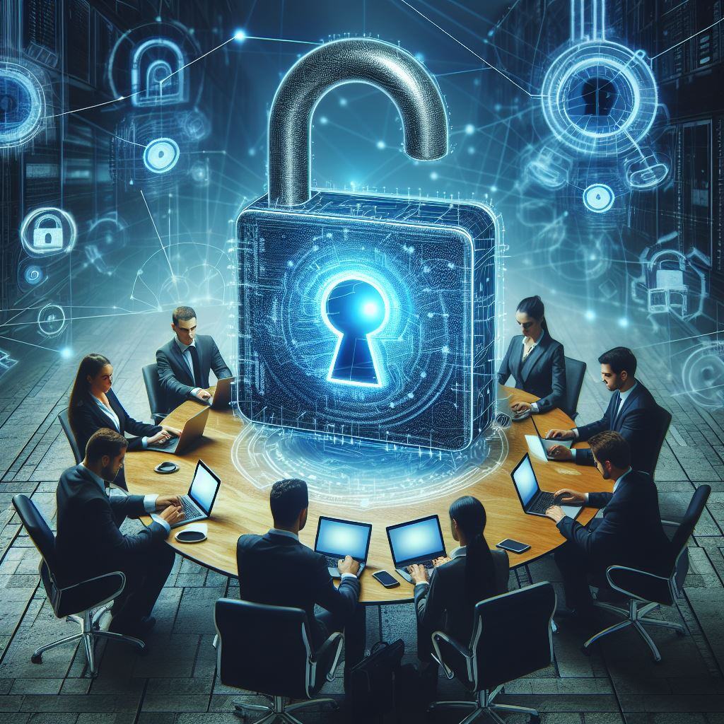 Profissionais de tecnologia reunidos em torno de uma mesa com laptops, analisando segurança digital com símbolo de cadeado aberto em destaque.