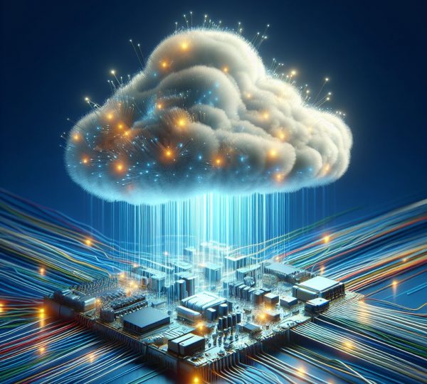 Nuvem digital conectada a uma placa de circuito eletrônico, representando computação em nuvem e transferência de dados segura.