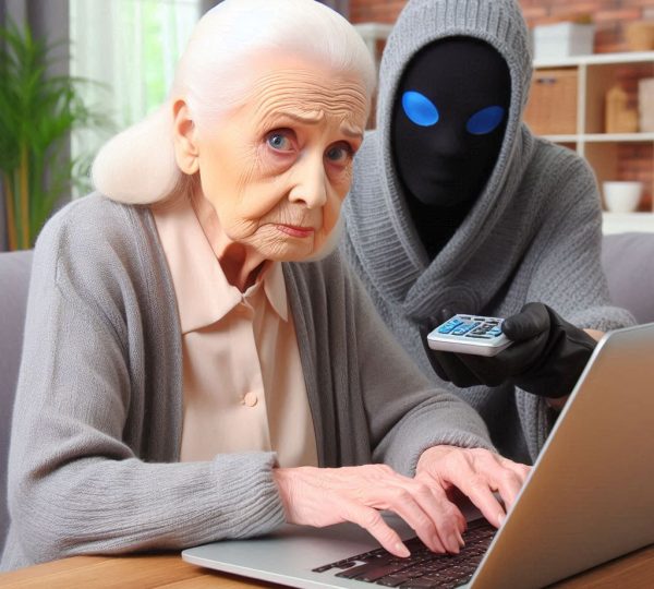 Idosa mexendo em um computador, caindo em um golpe online por hacker que se aproveita de sua vulnerabilidade