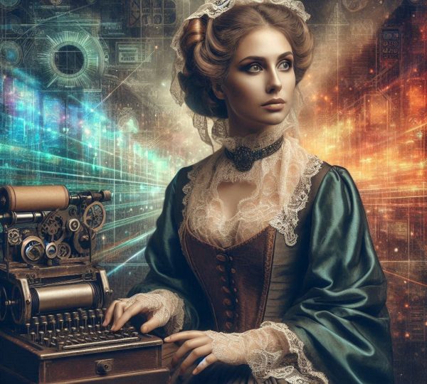 Ilustração steampunk de mulher do século XIX com máquina de escrever futurista, representando pioneiras da tecnologia.