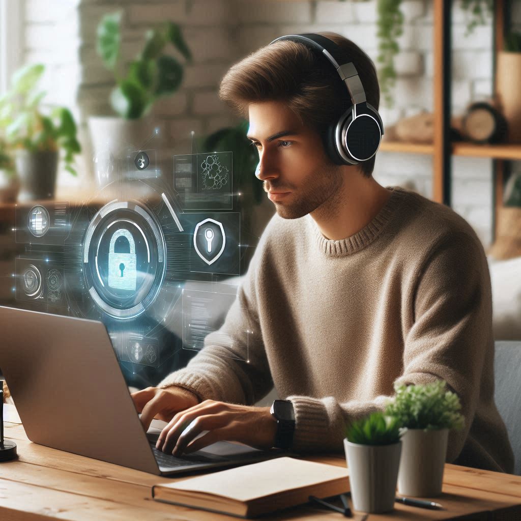 Homem utilizando o notebook para trabalho em casa.
